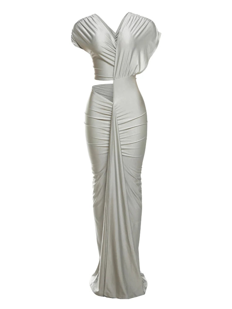 Weird Puss Irregular Hollow Dress Women Ruched Diagonal Collar Shorts Sleeve Waistless Slits Street Trend Elegant Long Bodycon