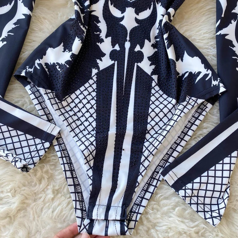 Women Bodysuit 2024 New Spring Fashion Diamonds Long Sleeve T-shirt Casual Streetwear Floral Print Sexy Skinny Bodycon Tops