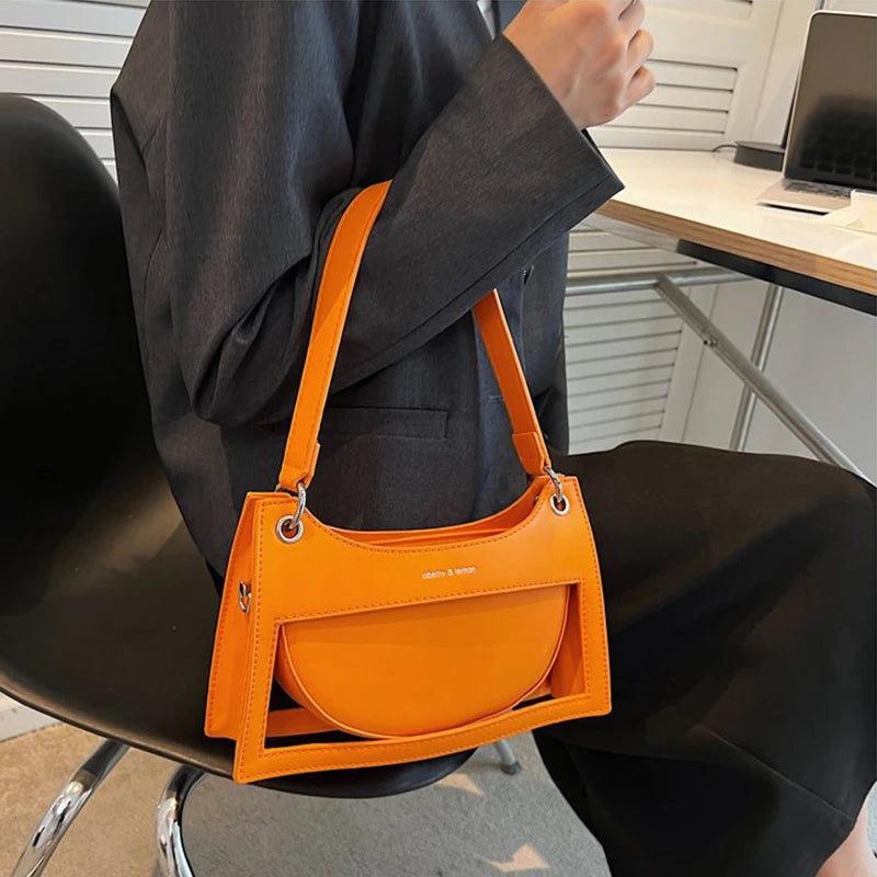 Hollow Out Design Women Underarm Bags Solid Colour Zipper Casual Female Handbags Simple Trend Chain Ladies Trapeze Bags