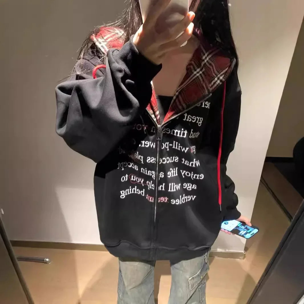 Hua Cotton Blend Milk Silk Hoodie Zipper Couple Jacket Retro Letter Patchwork Hat Sweatshirt 280g Vintage Style Women's Clothing