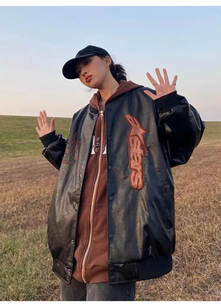 American retro letter embroidery leather Jacket Coat women's Y2K street hip-hop trend baseball suit couple casual leather jacket
