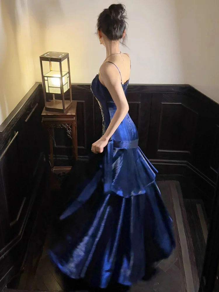 Elegant Romantic Party Women's Spaghetti Strap Dress Female Blue Ruffles Slim Fit Mermaid Dresses Chic Banquet Formal Gown