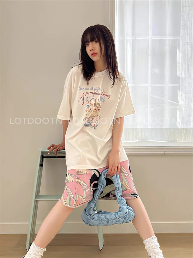 LOTDOOTN Loose Short Sleeve T-Shirt Cake Print Sweet Design Korean Casual Cotton Crew Neck Tops Female Summer Fashion Tee Shirts