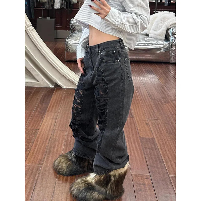 Black Jeans Sense design Women Vintage High Waisted Straight Denim Trouser Y2K American Streetwear Wide Leg Classic Denim Pants