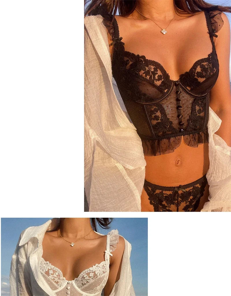 French Sexy Ultra Thin Underwear Women Lace Embroidery Flowers Bra Set Breathable Body Shap Bras and Thongs Sets Lingerie