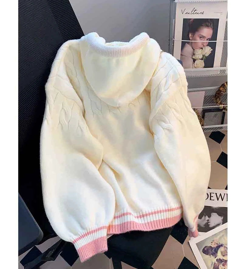 Jmprs Cute Sweet Cardigan Sweaters Women Lazy Wind White Knitted Coats Long Sleeve Loose Female Japan Kawaii Elegant Hooded Tops