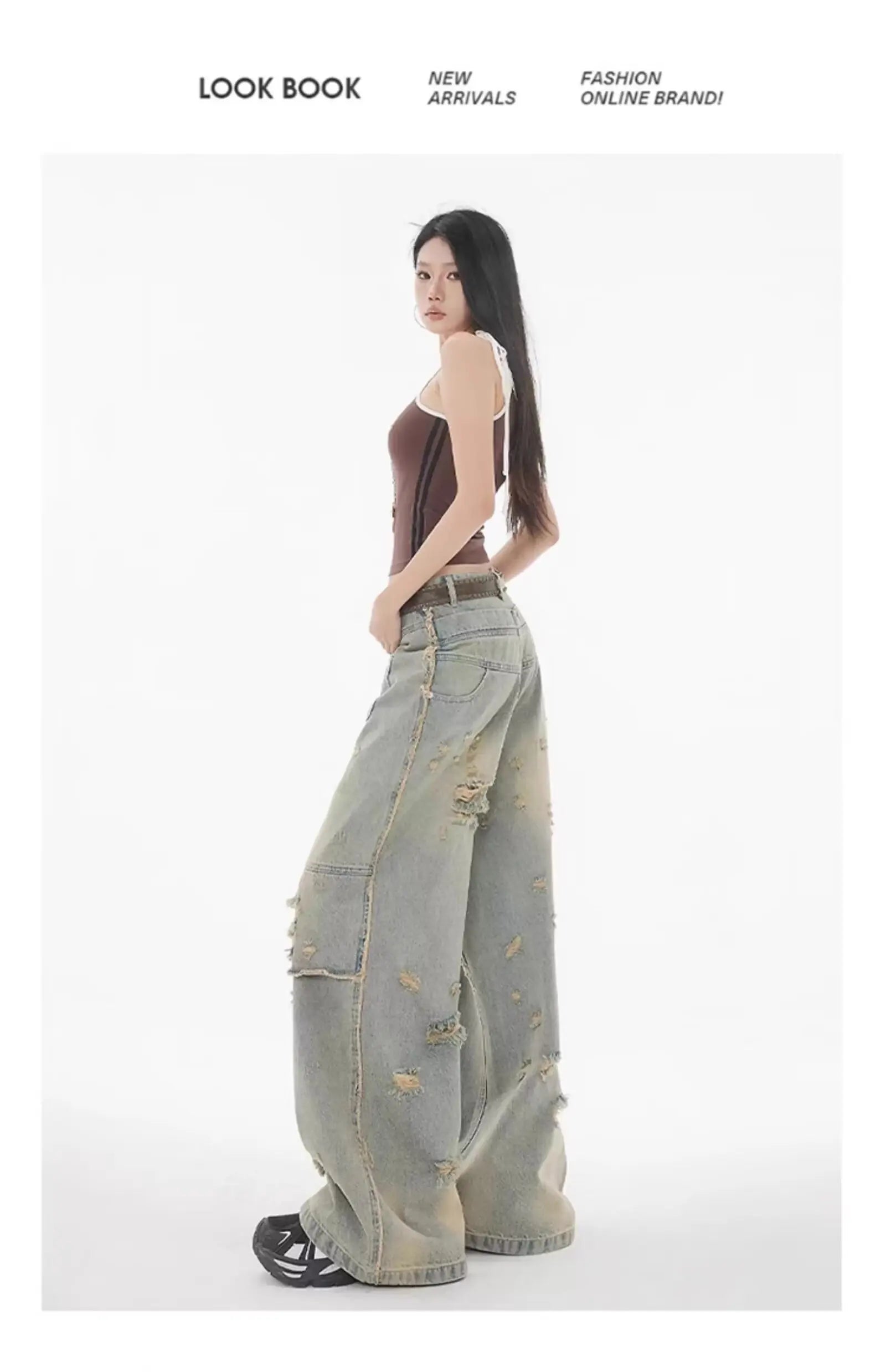 American High Street Wasteland Style Ripped Jeans Spring and Summer Loose Washing and Old Wide-leg Japanese and Korean Baggy