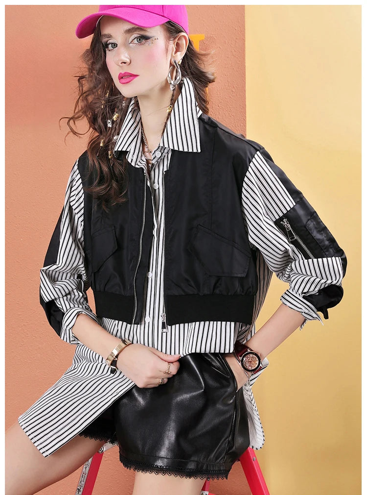 High Quality Loose Fake Two Piece Mid-Length Women's Casual Striped Shirt