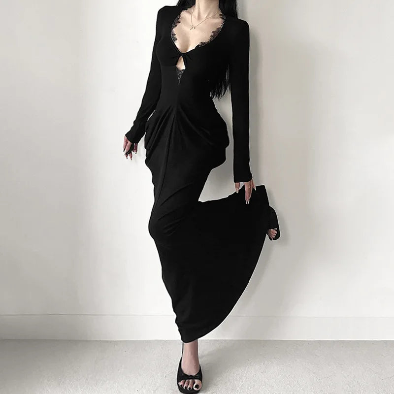 AltGoth Fairycore Grunge Elegant Midi Dress Women Mall Gothic Sexy Lace Patchwork Hollow Out Long Sleeve High Waist Corset Dress