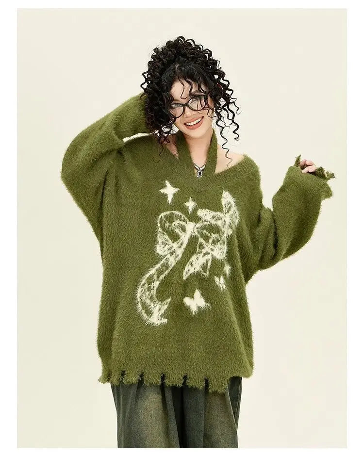 Winter American New Green Bow Neck Sweater Women Loose Print Pattern Vintage High Street Lazy Wind Knitted Sweater