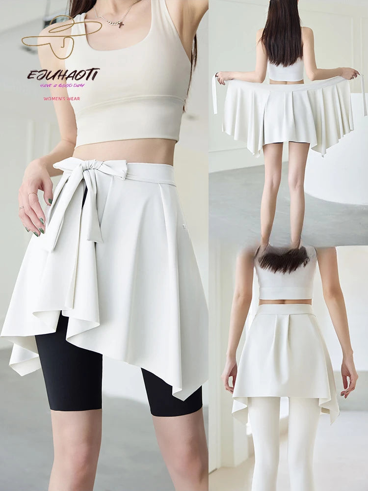 One-piece Skirt Women's Yoga Butt Curtain Sports Tennis Fitness Lace Up Irregular Mini Kirt Outer Wrap Skirts Prevent Exposure