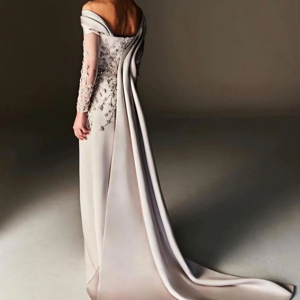 Customized Fashion Straight Floor Length Strapless Jersey Long Sleeves Evening Dress Classic Photo Color vestidos para mujer