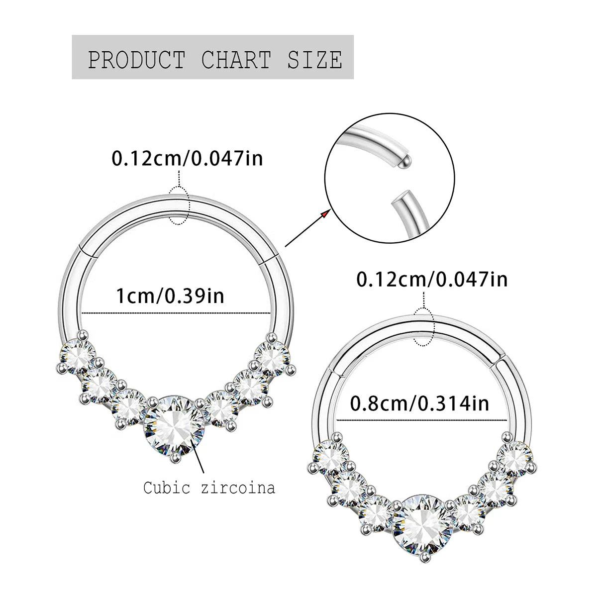 Zircon Hinged Segment Nose Ring Stainless Steel Nose Hoop Septum Clicker Piercing Lip Ear Cartilage Helix Body Piercing Jewelry