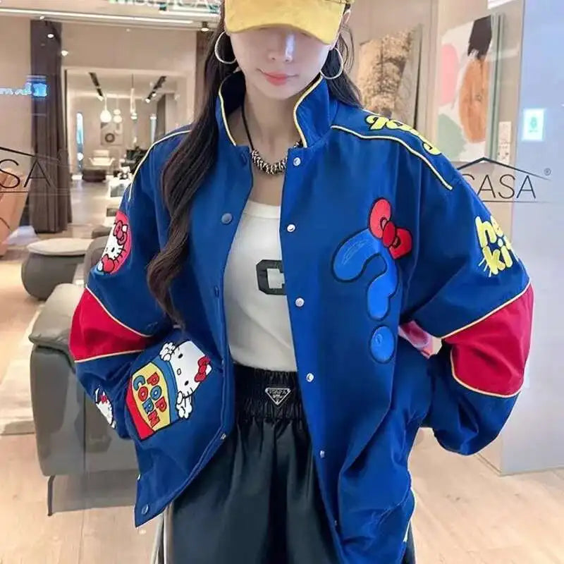 Cartoon Hellokitty Y2k Baseball Jacket Button American Retro Coats Embroidery KT Cat Harajuku Jacket Women Oversized Coat