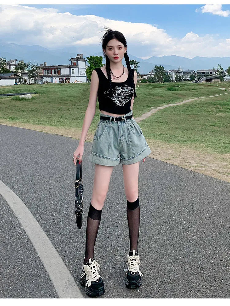 Women's Wine Red Denim Shorts High Waist Wide Shorts Harajuku Streetwear Korean Style Y2k Casual Blue A Line Jean Shorts Summer