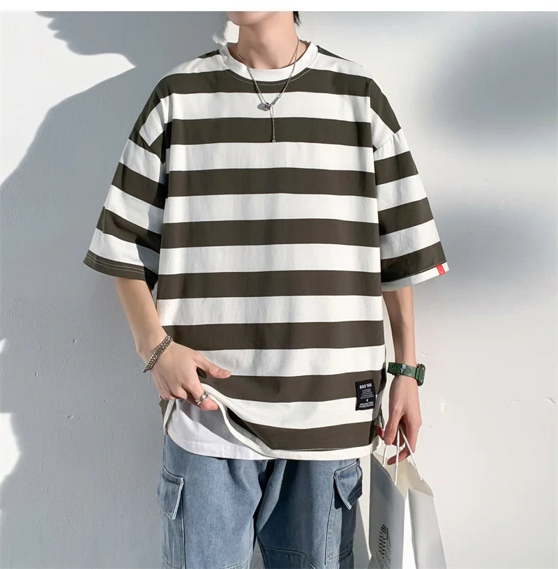 Men's Cotton T-shirt Striped Mens Oversized T Shirts Split Hem Fashion Tee Shirts Casual Wear Summer Tshirt 5XL Big Size for Man