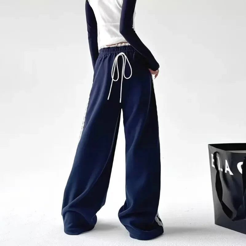 Trendy Casual Wide Leg Pants Women's Autumn Winter High Waist Splicing Lace Trim Drapey Slimming Sporty Trousers