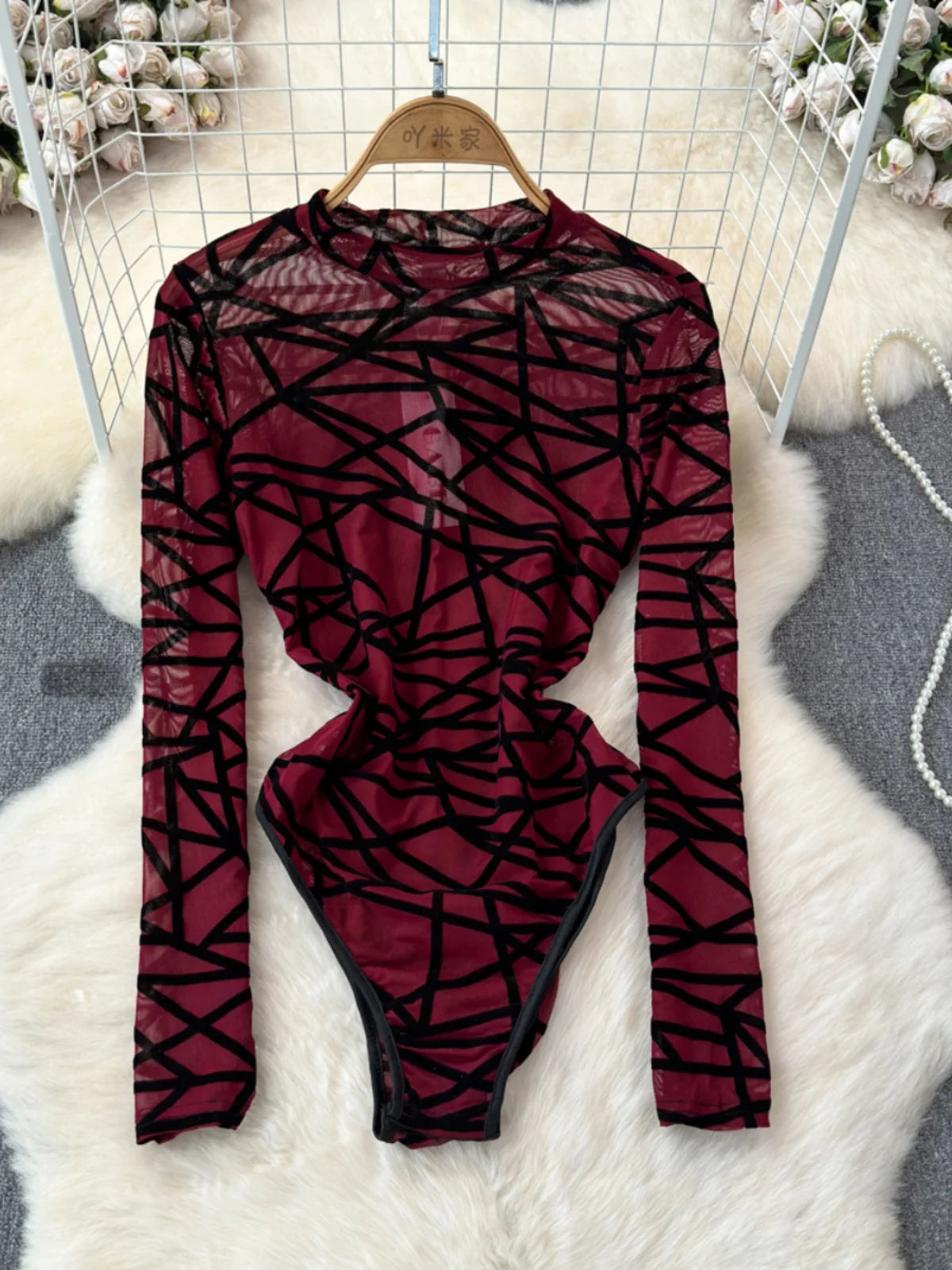 Foamlina Sexy Hollow Out Mesh Bodysuits for Women Fashion Striped Print Stand Collar Long Sleeve Slim Fit Club Party Jumpsuits