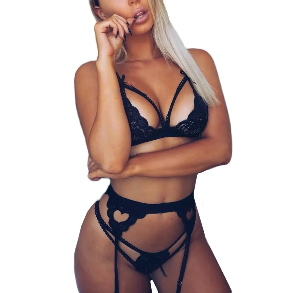 Leechee Sexy Women's Underwear Floral Lace Lingerie Set With Garter Black Wire Free Brassiere Transparent Underwear Bra Sets