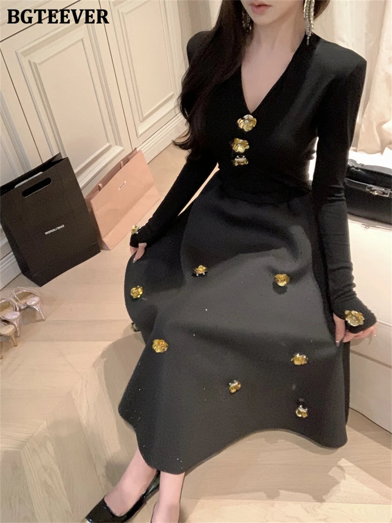 BGTEEVER Spring Elegant Ladies 2 Pieces Skirt Set Long Sleeve V-neck Pullovers & High Waist Loose A-line Skirts Women Outfits