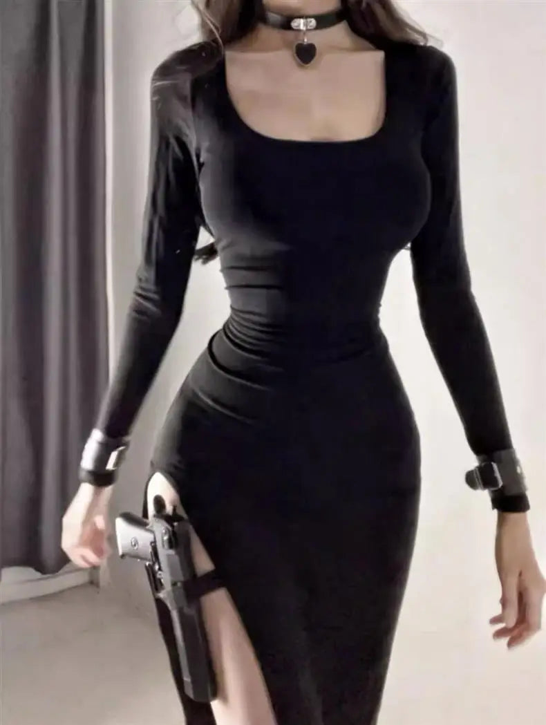 Slim Fitting Warp Hip Dress Sexy Side Slit Long Sleeve Spring Summer 2025 New Black Maxi Dresses Bodycon Women Streetwear Robe