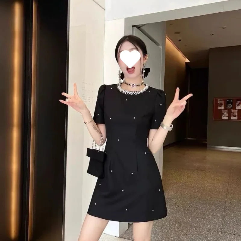 Sweet Elegant round Neck Waist-Cinched Mini Skirt Dress Hepburn Style Beaded New Summer Collection Fashionable Chinese Brand