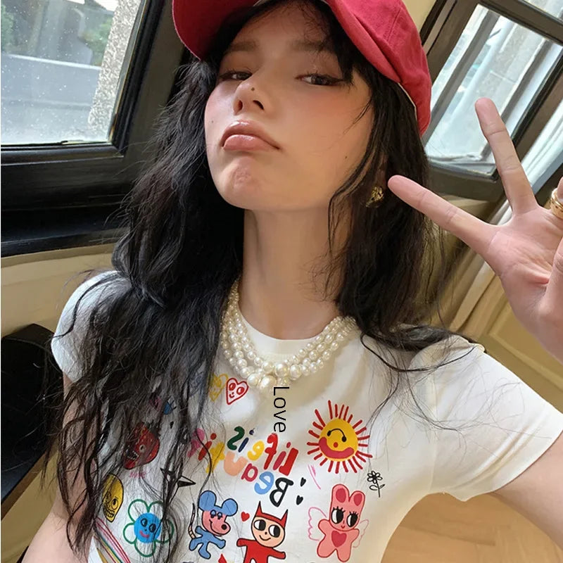 American Cartoon T-shirt Women Summer Fun Printed Slim Fit Chili Girl Top Shorts Casual Trendy Exposing Belly