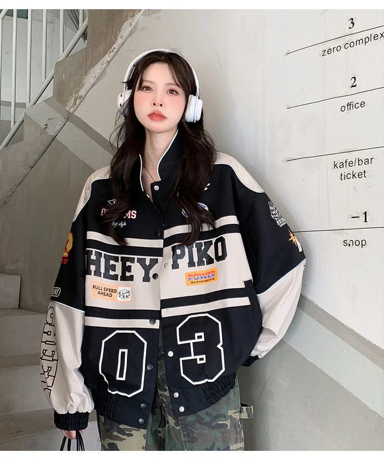 2023 Y2k Red White Bomber F1 Jacket Women Men Biker Racer Jacket Retro Hip Hop Grunge Clothes Trend Oversize Windbreaker Varsity