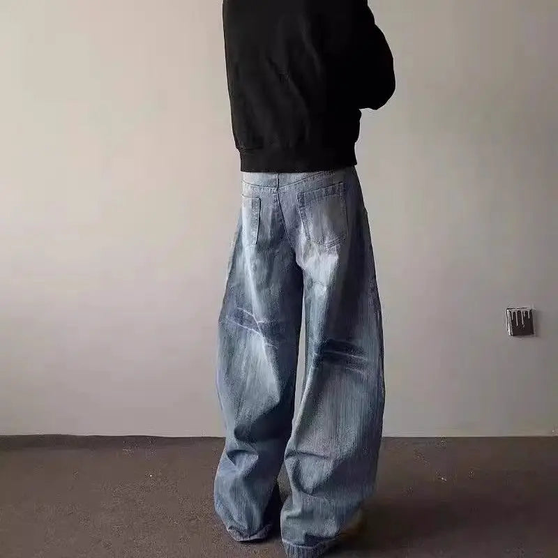 High street American men and women trendy hip-hop washed curved knife jeans for couples loose retro wide leg casual pants y2k