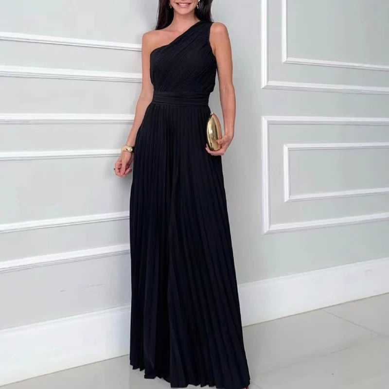 Lady High Waist Off Shoulder Dresses Temperament Diagonal Collar Sleeveless Party Dress Leisure Ruched Solid Slim Evening Dress