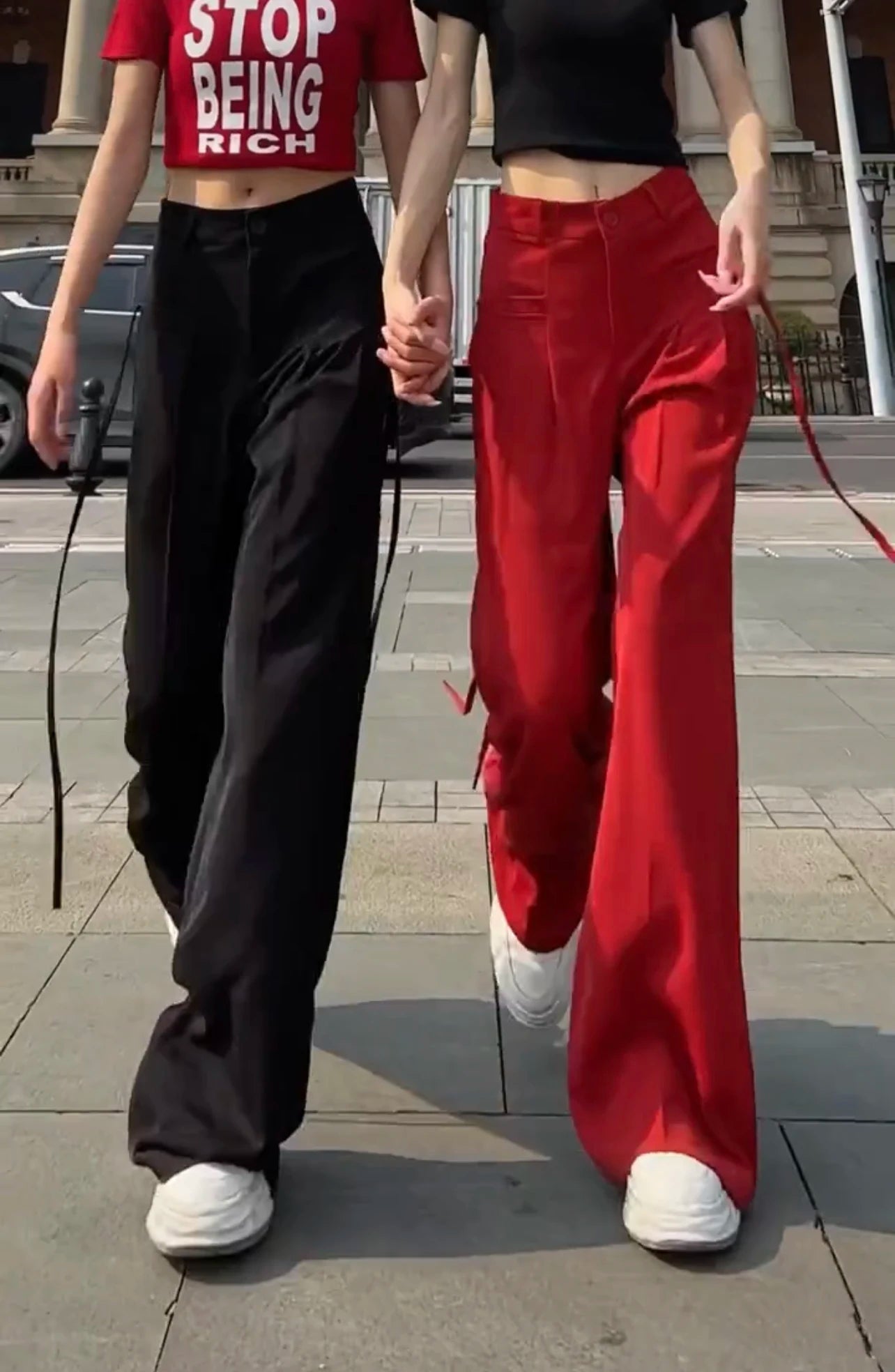 Jielur Lace-up High Waist Straight Women Suit Pants Summer Slim Loose Full Length Female Wide Leg Pants Casual Chic Office Lady