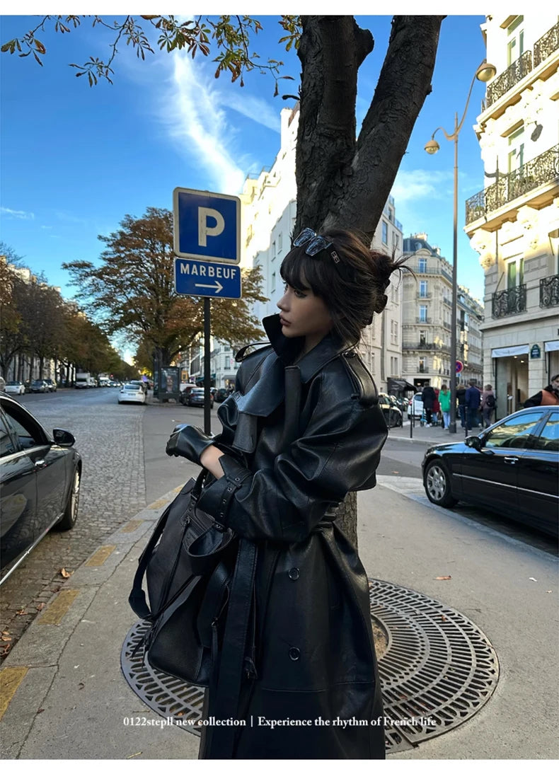 Lautaro Spring Autumn Extra Long Black Pu Leather Trench Coat for Women with Back High Slit Luxury Chic European Fashion 2024