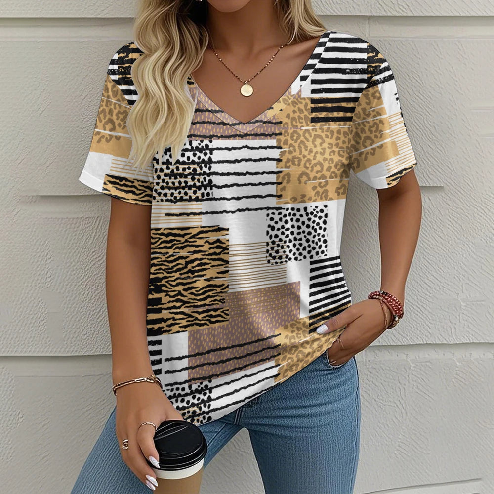 Summer Vintage Women's T-shirt Casual Plaid Pattern Printed Clothing Outdoor V-neck Short Sleeve Top Fashion Street T-Shirts