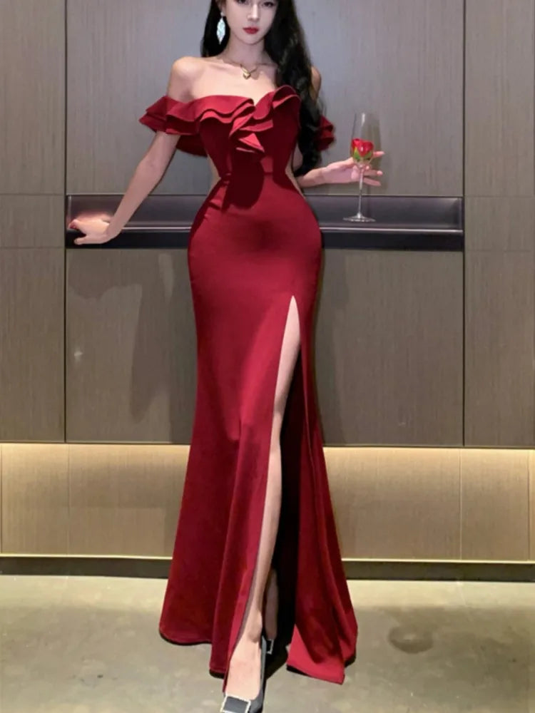Women Sexy Bodycon Off Shoulder High Split Long Dresses Wedding Evening Party Prom Robe Ruffles Slash Neck Summer New Vestidos