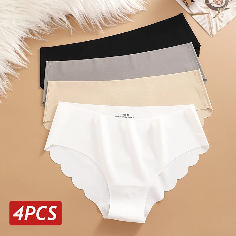 Ice Silk Seamless Panties 4PCS/Set Women's Briefs Solid Color Elastic Underwear Female Ultra Thin No Trace Wavy Side Panties