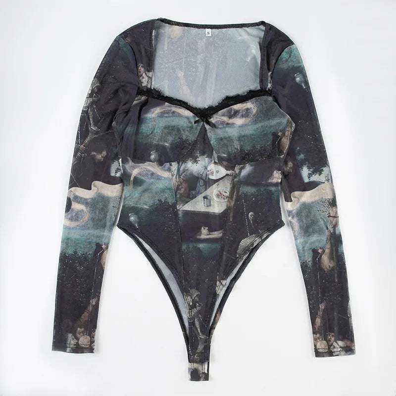 Goth Dark 90s Retro Print Mesh Long Sleeve Skinny Bodysuits Cyber Y2K Sheer Tops Women Gothic Lace Patchwork Bodysuit Streetwear