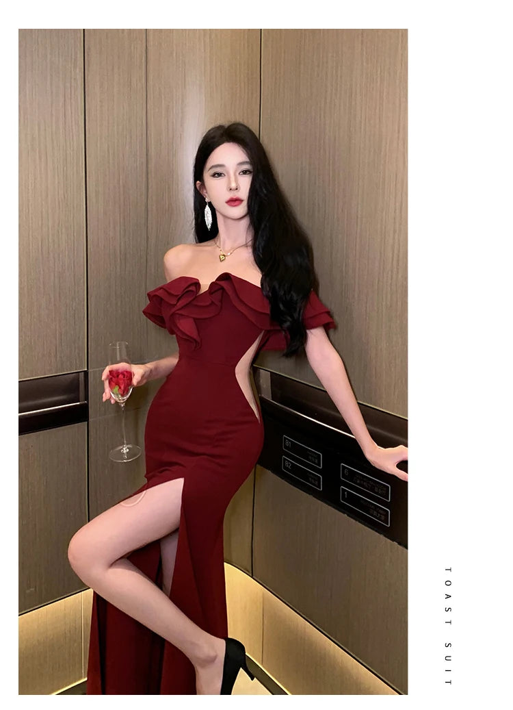 Women Sexy Bodycon Off Shoulder High Split Long Dresses Wedding Evening Party Prom Robe Ruffles Slash Neck Summer New Vestidos