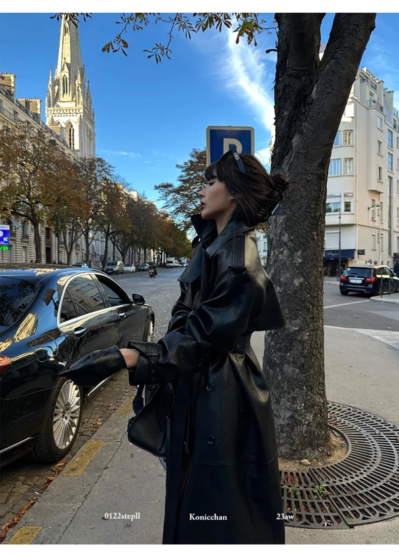 Lautaro Spring Autumn Extra Long Black Pu Leather Trench Coat for Women with Back High Slit Luxury Chic European Fashion 2024