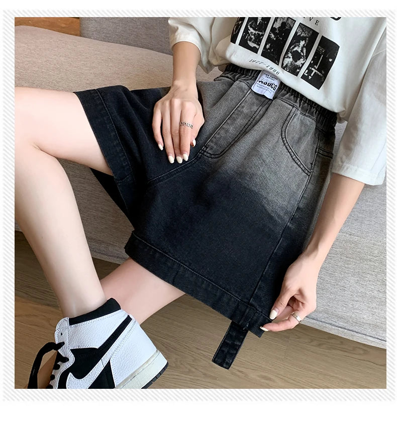 Gradient Plus Size Denim Shorts For Women Summer 2024 New High Elastic Waist Pockets Wide Leg Loose Jean Short Femme Hot Sale