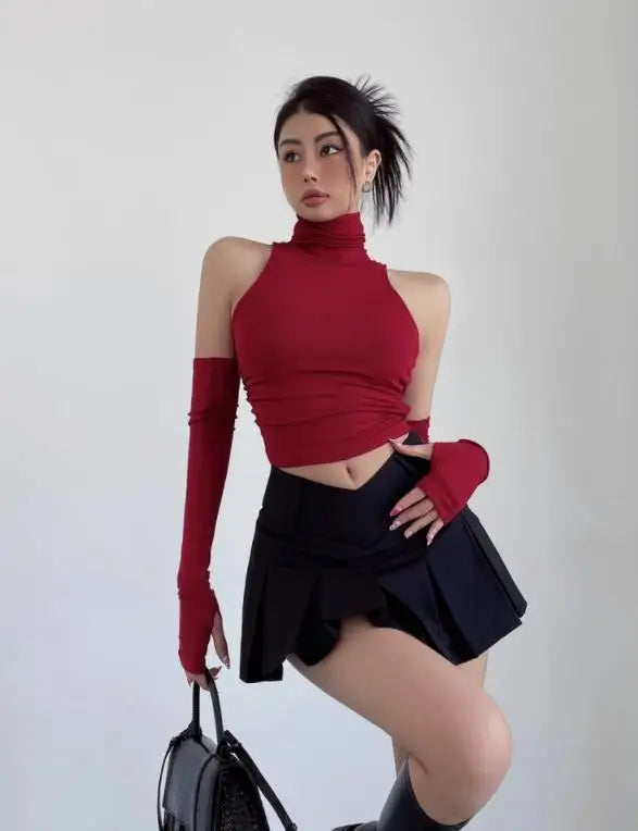 Spring Summer Top Sexy Tank Top Spicy Girl Sleeves High Neck Pleated Club Crop Top Women tshirt Skinny Streetwear Y2k Clothing