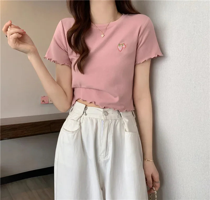 Summer Embroidered Short T-shirt Women Wooden Edge Irregular Slim Short Sleeve Top Plant Pattern Fiber Fabric Elegant Style