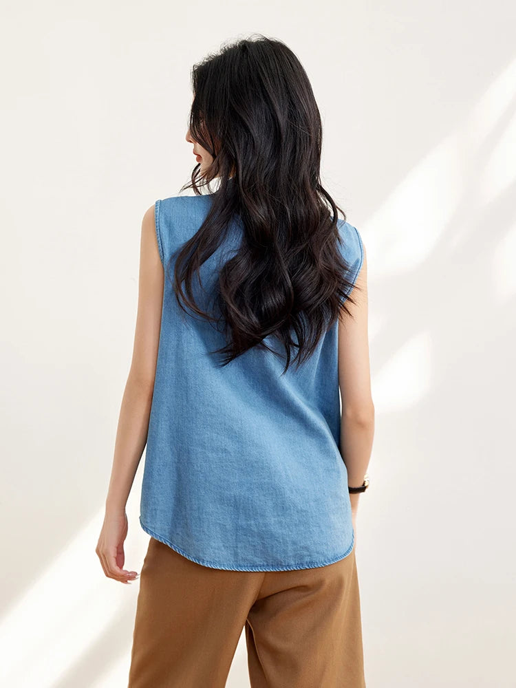 Vintage Sleeveless Tank Top Women Fashion Turn-down Collar Casual Vest Shirts Spring Summer Casual Denim Shirt