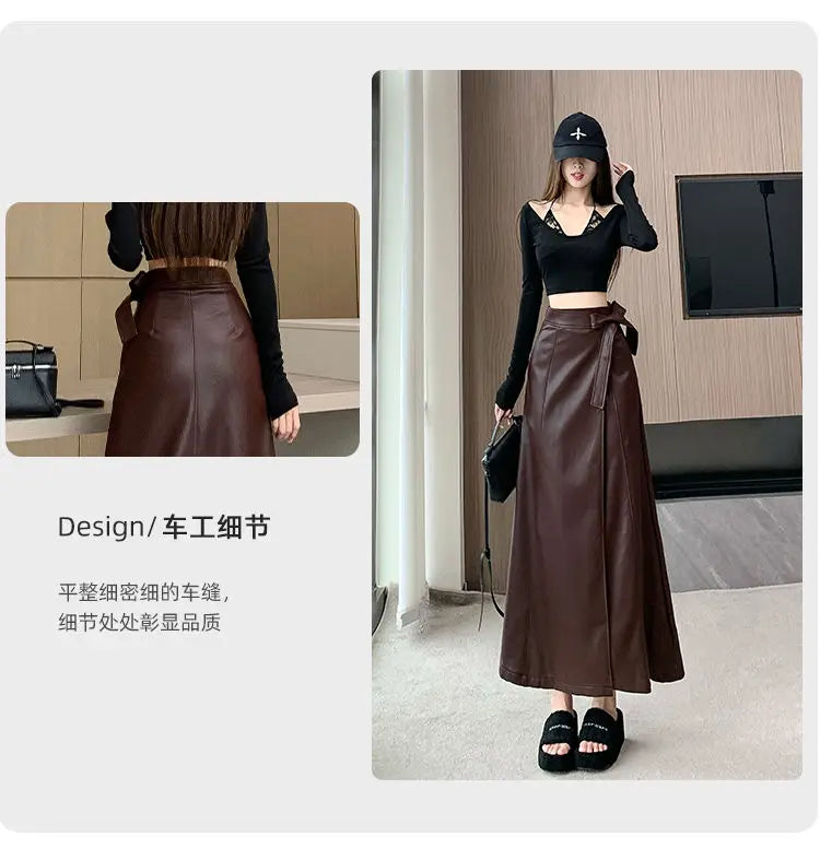 Women Clothing Autumn Winter Vintage Elegant Lace-up PU Leather Long Skirts Female Red High Waist Slim A-line Maxi Skirt Faldas