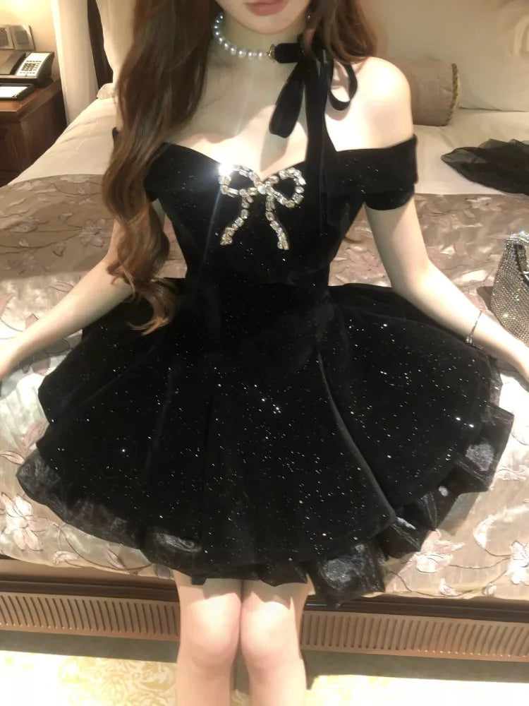 French Black Vintage One Piece Dress Woman Gothic Off Shoulder Bow Short Dresses Female Fairy Birthday Party Chic Outfit 2025