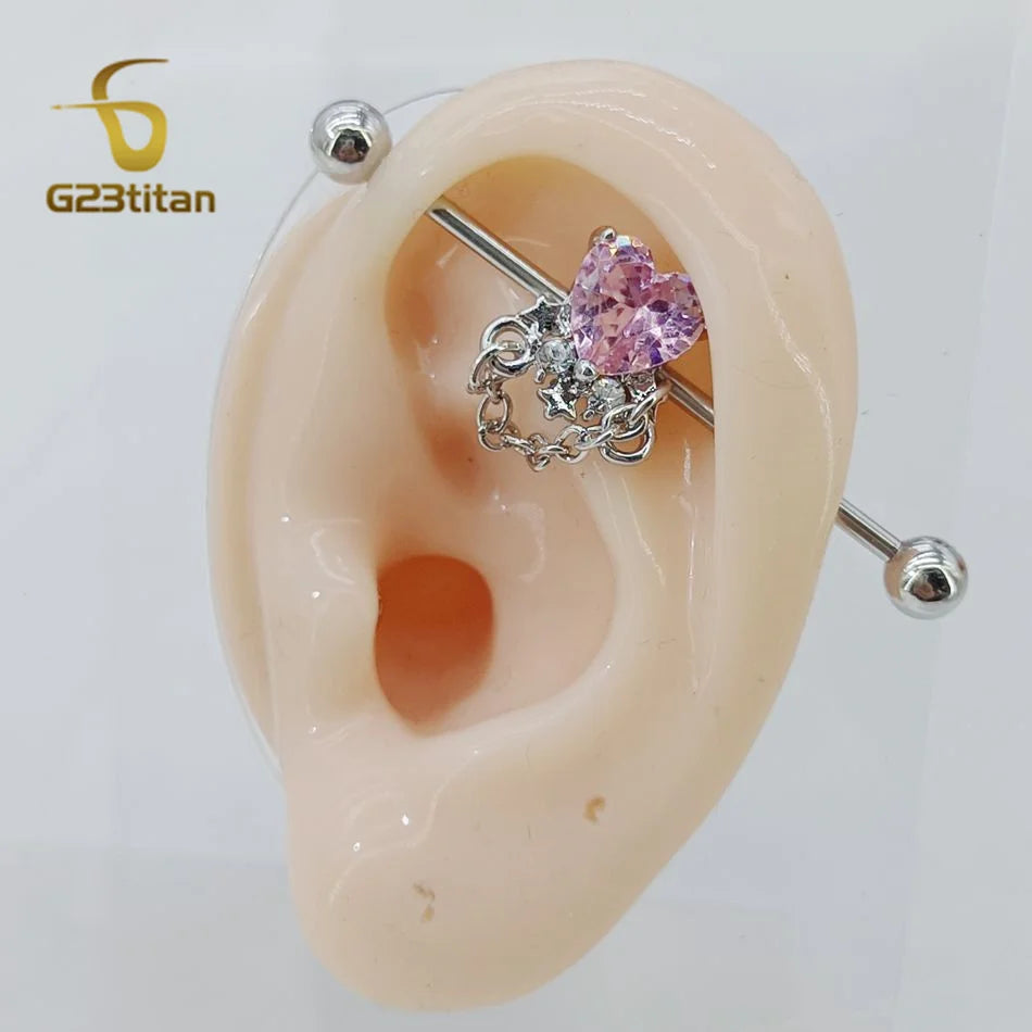 14G Titanium Industrial Barbell Dangling Chain Pink CZ Zircon Heart Star Ear Cartilage Helix Earring Women Girl Piercing Jewelry