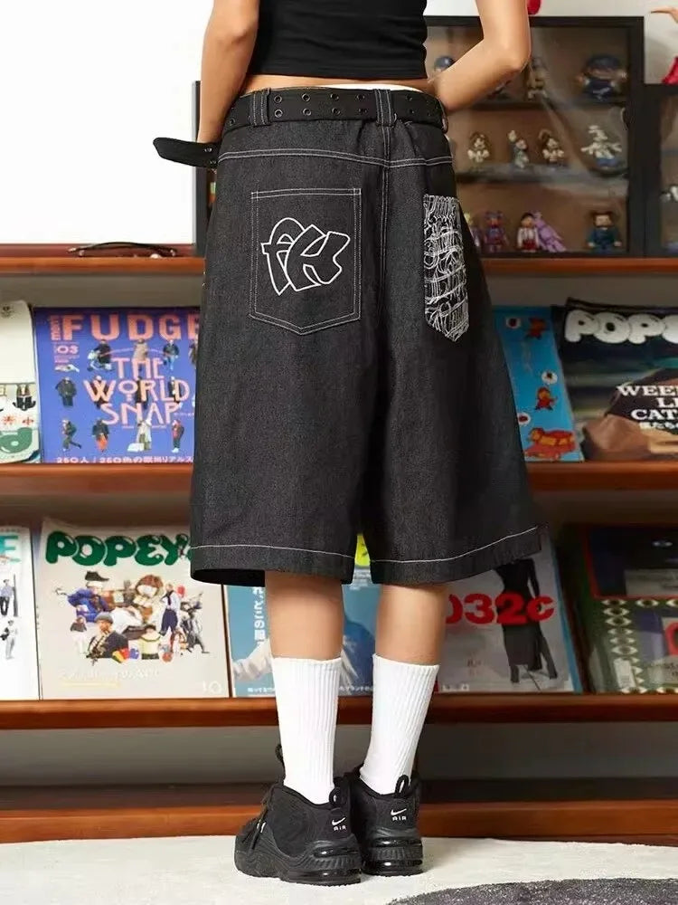 HOUZHOU Y2k Vintage Baggy Jeans Shorts Woman Streetwear Jorts Korean Harajuku Gothic Oversized Denim Pants Embroidery Summer