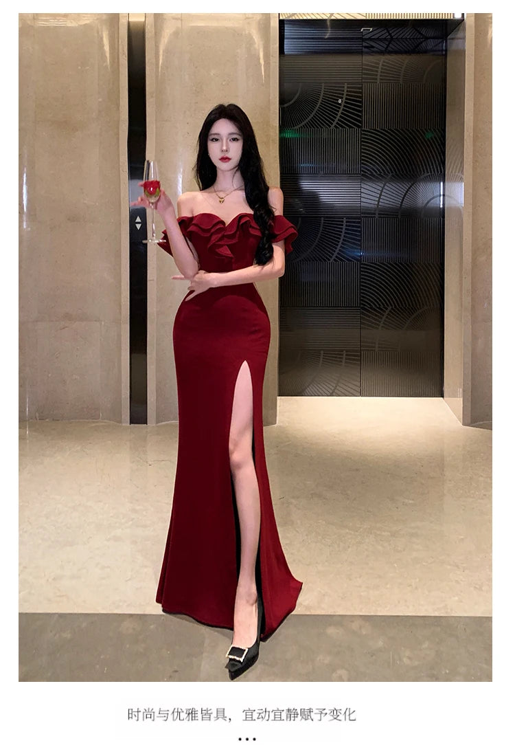 Women Sexy Bodycon Off Shoulder High Split Long Dresses Wedding Evening Party Prom Robe Ruffles Slash Neck Summer New Vestidos