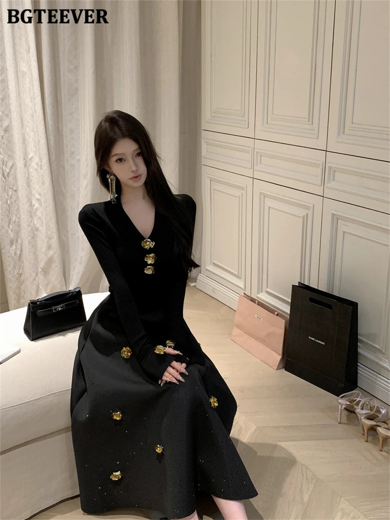 BGTEEVER Spring Elegant Ladies 2 Pieces Skirt Set Long Sleeve V-neck Pullovers & High Waist Loose A-line Skirts Women Outfits