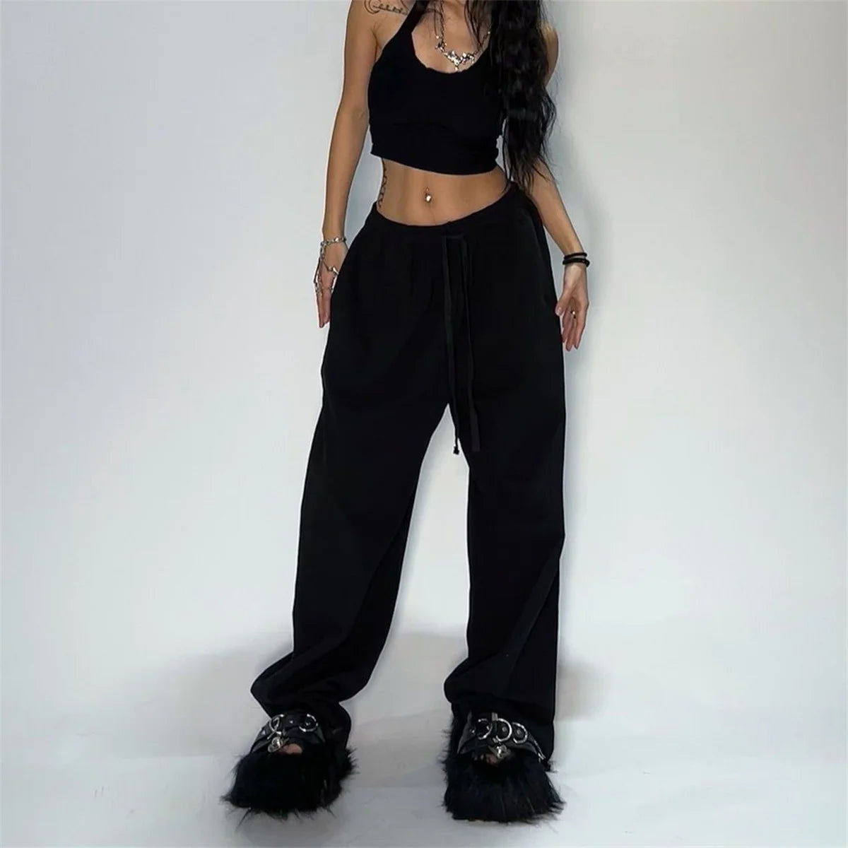 Fashion Vintage Y2K Baggy Pant Women Summer Wide Leg Elastic Waist Loose Pants Lady Solid Color Hip Hop Trousers Casual Clothing
