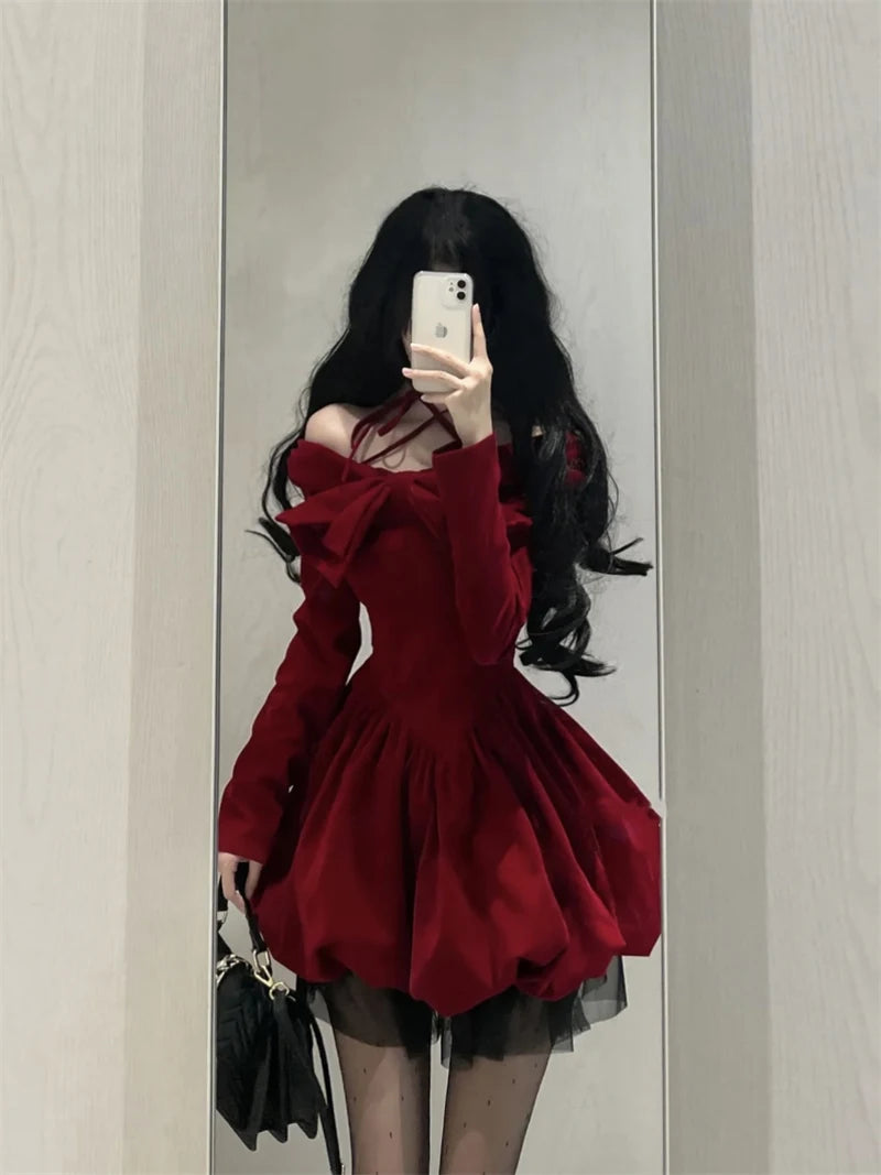 MEXZT Vintage Bow Mini Dress Women Y2K Sexy Slash Neck Red Velvet Dresses Winter Kawaii Christmas Party Bodycon A Line Vestidos